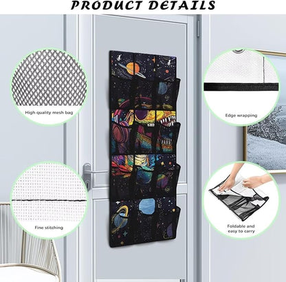Solar System Dinosaur Over The Door Organizer, 12 Large Pockets Space & Dinosaur Theme Shoe Rack for Kids Room, Educational Decor for Shoes & Toys