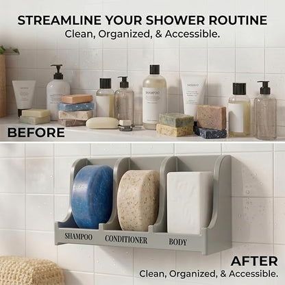 Soap Holder for Shower Wall, 3-Compartment Soap Dish for Shampoo, Conditioner and Body Soap, Fast Draining & Rust-Proof & Heavy Duty, Ultra-Strong Self Adhesive & Freestanding (Grey, Label)
