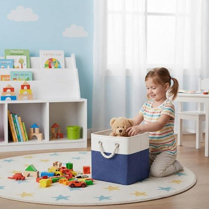 Cube Storage Bins, Collapsible Fabric Storage Cubes Bins, 11 Inch Cube Storage Bins with Handles, Foldable Storage Cubes (White/Navy, 6Pack)
