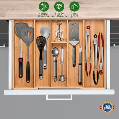 guiogc Bamboo Silverware Organizer, Expandable Kitchen Drawer Organizer and Utensil Organizer, Cutlery Tray with Drawer Dividers for Kitchen Utensils and Flatware, Bedroom, Living Room (Natural)