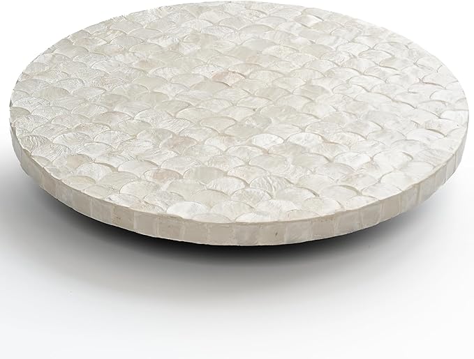 CHI AN HOME 12 Inch Capiz Lazy Susan, Decorative Lazy Susan Turntable Centerpiece for Dining Table, Kitchen Counter, Round Mother of Pearl Capiz Shells Spinning Tray for Countertop & Tabletop (White)