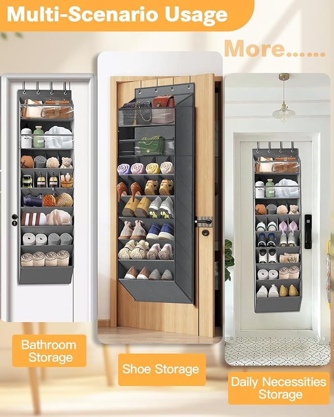 Over The Door Shoe Storage Organizer, 8 Tiers Hanging Shoe Rack Behind Door Shoe Holder with 6 Large Deep Pockets 8 Small Pockets, Narrow Shoe Rack for Closet Bedroom Bathroom Nursery RV Dorm, Grey