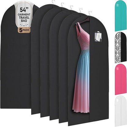 Luxury On the Go Long Formal Dress Bag – 54" Hanging Garment Bag for Dresses, Prom & Bridesmaid– Long Garment Bags for Hanging Clothes Lightweight & Tear-Resistant with Clear ID Window – 5 Pack