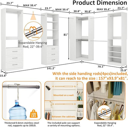 Vomavex Closet System with 4 sets, 101.9" Closet Organizer Systems with 6 Drawers & 8 Hanging Rods & Adjustable Shelves, Walk in Closet Standing Closet System, Corner Closet System Set, White