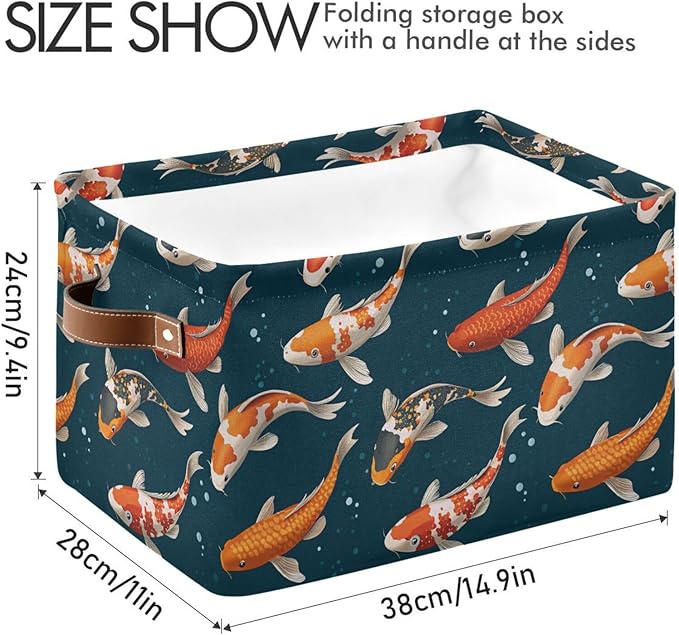 Foldable Storage Baskets Set of 2, Koi Carps 3D Japanese Storage Bins with Handles, Decorative Cloth Organizer Storage Boxes for Home|Office 15 x 11 x 9.5 in