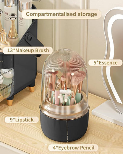 Anylady Makeup Brush Holder 360 Rotating, [Upgrade & with Cover] Makeup Brush Organizer for Vanity Countertop Bathroom (Black)