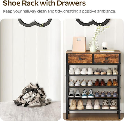 YATINEY 5 Tier Shoe Rack, Large Capacity Shoe Storage Organizer, Metal Shoe Shelf with Drawer and Wooden Top, for 20 Pairs of Shoes, for Entryway, Closet, Rustic Brown and Black SS25BRY1N1