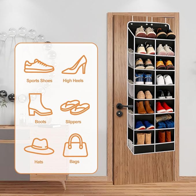 8-Layer Over The Door Shoe Organizer with 16 Compartments, Pockets Heavy-Duty Non-Woven Fabric Hanging Shoes Storage Rack,Hanging Shoe Rack Space Saving Shoe Storage for Bedroom Closet Bathroom