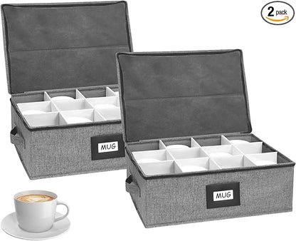 HURZMORO Mug Storage Box with 12 Compartments, Gray Hard Shell Container, Padded Dividers, Dual Handles, Zipper Lid for Coffee Cup Organization and Moving(2, Coffee Cup Storage Box)