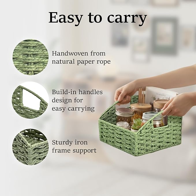 Storage Basket, 2 Pack Handwoven Round Paper Rope Pantry Baskets for Organizing with Handles, Iron Frame Support Baskets for Shelves,Trapezoid Wicker Basket for Home Decor, Green