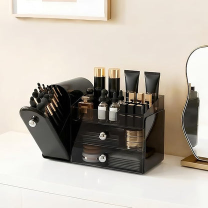 lurcns Makeup Organizer with Dustproof Brush Holder for Vanity, Large Cosmetics Organizer and Bathroom Countertop Skincare Storage with 2 Clear Drawers for Lipstick, Perfume, Eyeshadow Palettes,Black