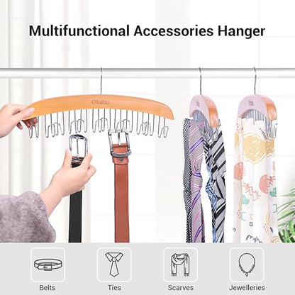 Belt Hanger Organizer for Closet: Ohuhu 2 Pack 12 Hooks Max 36 Belts Tie Rack Wooden Belt Holder for Storage 360 Degree Rotating Space Saver Organizer for Men Women Belt Tie Scarf-Burlywood