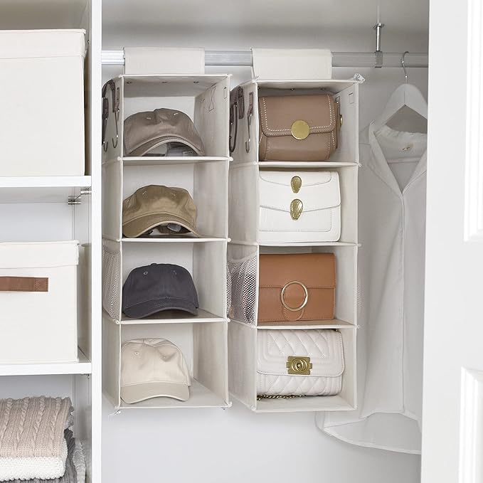 StorageWorks Hat Rack 8-Shelf Hanging Hat Organizer, Two Separate 4-Shelf Hat Storage, Baseball Cap Organizer for Closet, Canvas, Beige, 12 ¼"D x 9 ½"W x 54 ½"H