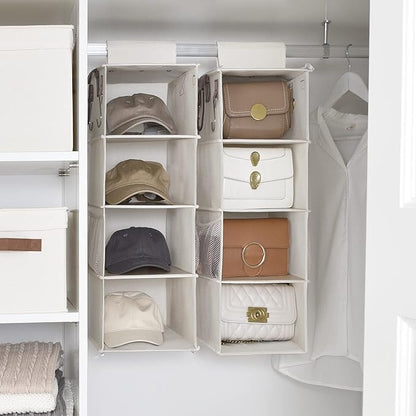 StorageWorks Hat Rack 8-Shelf Hanging Hat Organizer, Two Separate 4-Shelf Hat Storage, Baseball Cap Organizer for Closet, Canvas, Beige, 12 ¼"D x 9 ½"W x 54 ½"H