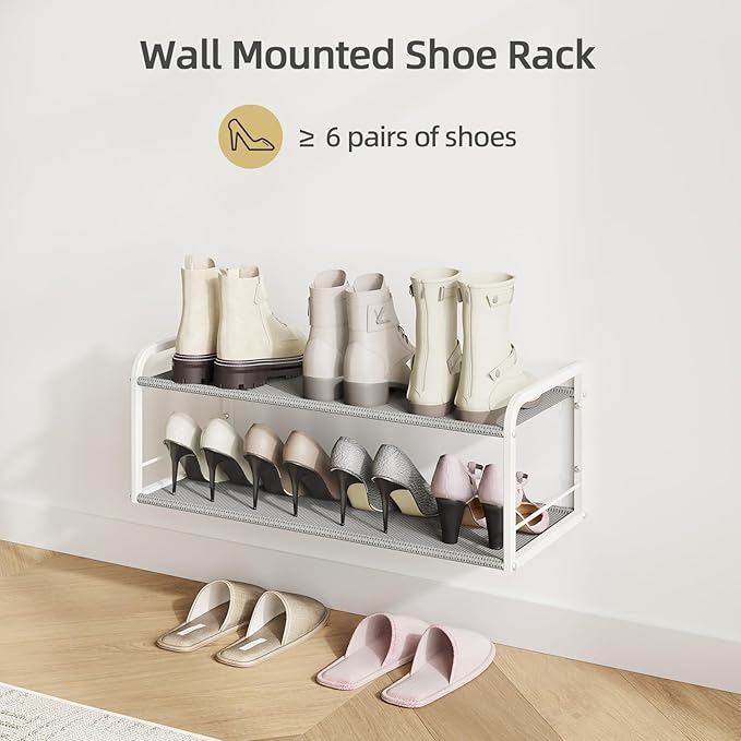 Wall Mounted Shoe Rack, Carbon Steel Shoe Organizer with Removable Oxford Cloth, Non-Slip Space-Saving for Entryway Closet Bedroom, White