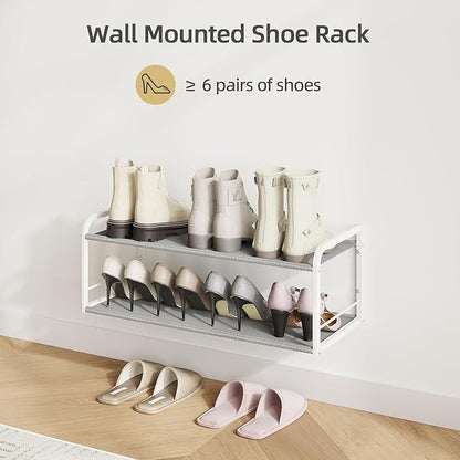 Wall Mounted Shoe Rack, Carbon Steel Shoe Organizer with Removable Oxford Cloth, Non-Slip Space-Saving for Entryway Closet Bedroom, White