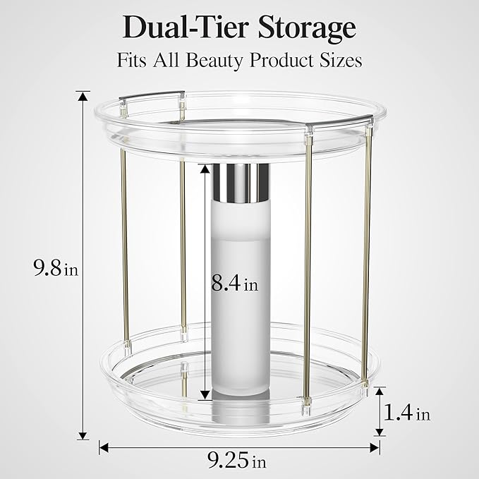 Delamu Rotating Makeup Organizer for Vanity, 2 Tier Bathroom Counter Organizer with Stackable Design, Spinning Skincare Organizer for Bathroom Countertop, Perfume Cosmetic Storage, Clear