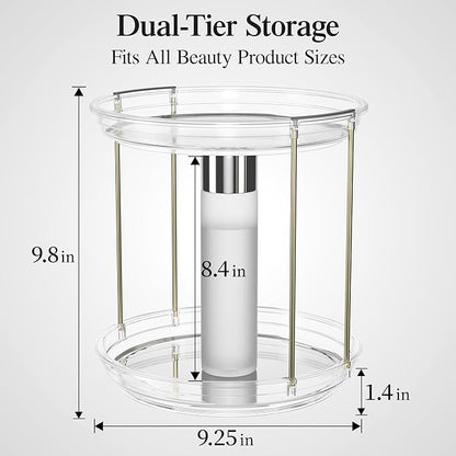 Delamu Rotating Makeup Organizer for Vanity, 2 Tier Bathroom Counter Organizer with Stackable Design, Spinning Skincare Organizer for Bathroom Countertop, Perfume Cosmetic Storage, Clear