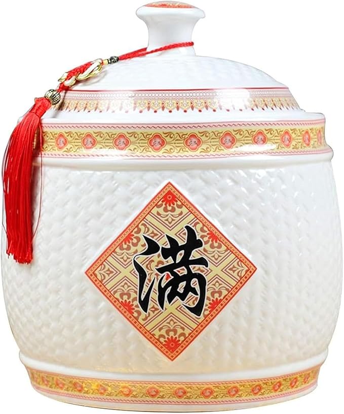 Chinese Ceramic Rice Bucket, Ceramic Rice Cylinder Ceramic Jar with Lid Grain Dispenser, Large Grain Dispenser, Food Storage Container with Lid, Sealed Rice Storage Jar for Noodles Rice Snacks