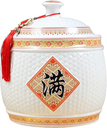 Chinese Ceramic Rice Bucket, Ceramic Rice Cylinder Ceramic Jar with Lid Grain Dispenser, Large Grain Dispenser, Food Storage Container with Lid, Sealed Rice Storage Jar for Noodles Rice Snacks