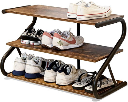 3-Tier Shoe Rack, Wooden Shoe Storage with S-Shaped Heavy Duty Metal Free Standing, Shoe Organizer Shelf for Front Door Entryway, Hallway, Living Room, Closet, Bedroom (Black & Rustic Brown)