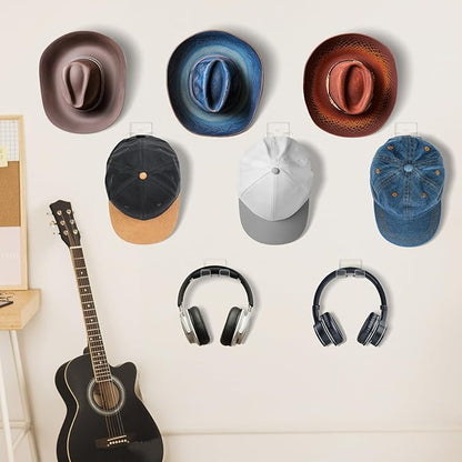 NiHome 8-Pack Wall Mount Clear Acrylic Cowboy Hat Holders for Baseball Caps & More, Versatile Accessory Organizer, Space-Saving Design With Dual Installation Options, Protects Shape