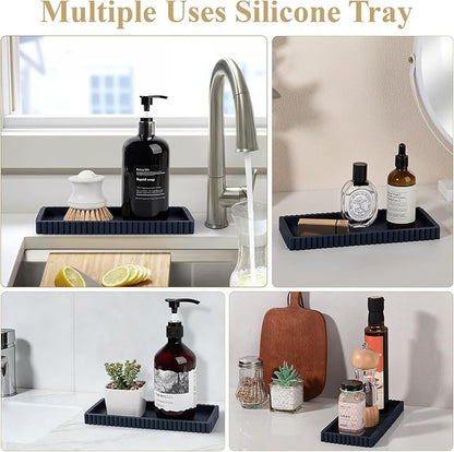 Silicone Bathroom Tray Small Vanity Organizer Rectangle Sink Caddy Sponge Holder Kitchen Counter Decor for Dish Soap, Perfume, Candle, Dark Blue
