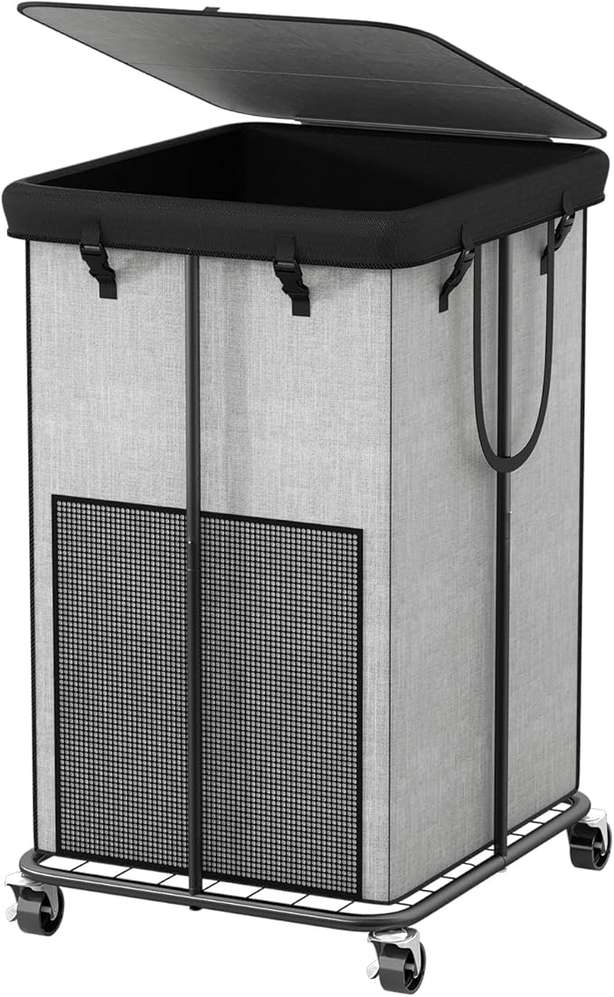40 Gal Large Laundry Hamper with Lid, Rolling Laundry Basket with Wheels, Oxford Fabric Dirty Clothes Hampers with Removable Laundry Bag & Metal Frame for Bedroom, Laundry Room, Bathroom, Dorm(Grey)