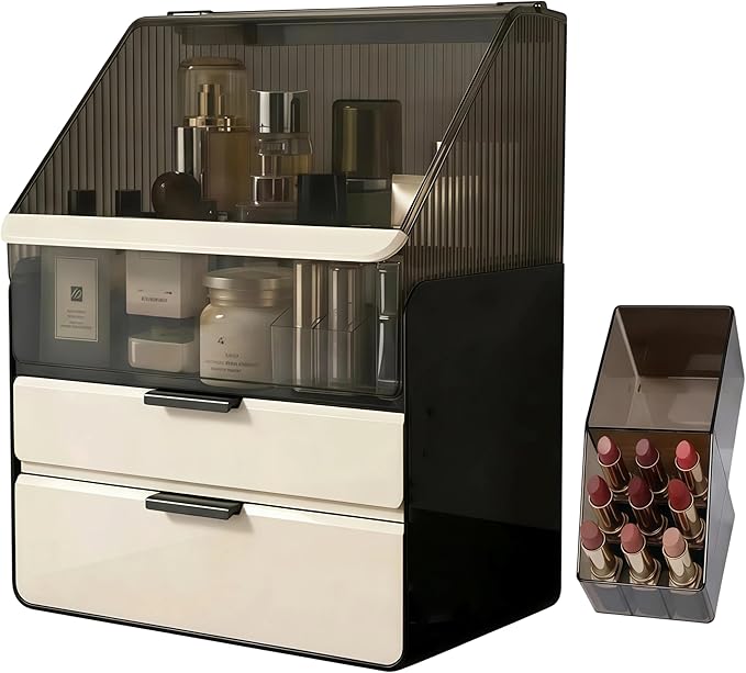 Large 3-Tier Makeup Organizer with Drawers and Lipstick Holder, Dustproof Waterproof Skincare Storage Box for Bathroom Countertop, Vanity Cosmetic Organizer,Clear Black/White