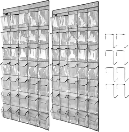 Clear Crystal 2 Pack 35 Pockets Large Hanging Shoe Organizer Over The Door Shoe Rack for Closet Door Storage Shoe Holder Hanger, 8Hooks, grey