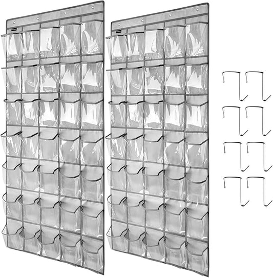 Clear Crystal 2 Pack 35 Pockets Large Hanging Shoe Organizer Over The Door Shoe Rack for Closet Door Storage Shoe Holder Hanger, 8Hooks, grey
