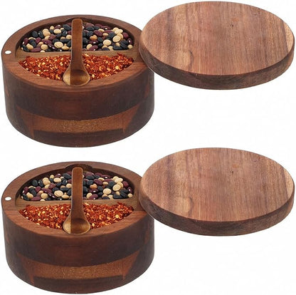 2pcs Acacia Wood Salt and Pepper Bowl 12 oz Salt Cellar with Swivel Lid & Spoon SaltContainer Holder Elegant Seasoning Bowl Container for Kitchen Storage Spice Favorite Seasonings