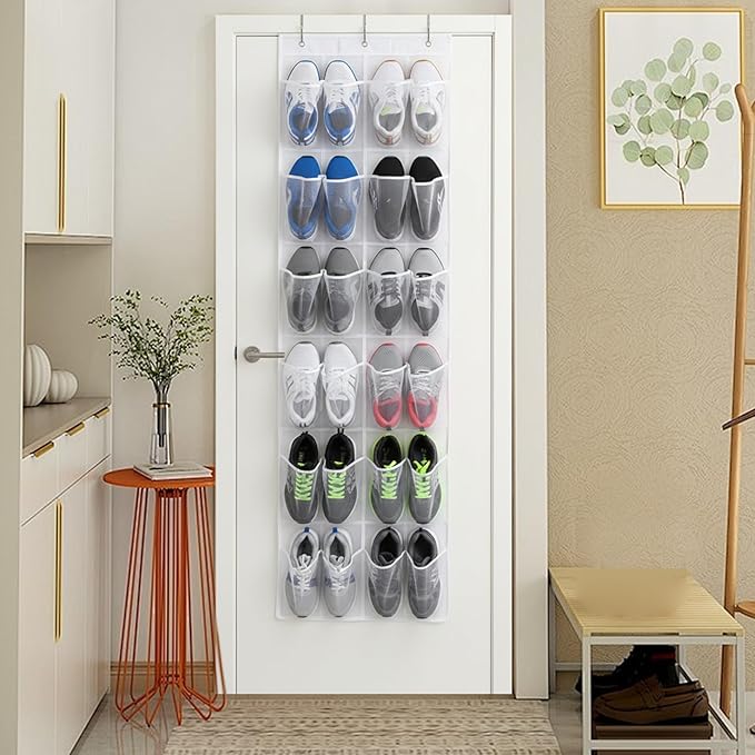 Shoe Hanger for Door 24 Mesh Pocket over the Door Shoe Organizer Space Saving Hanging Storage Holder with Hooks 64x19 Inch White