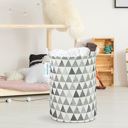 Laundry Basket Canvas Fabric Collapsible Organizer Basket for Storage Bin Toy Bins Gift Baskets Bedroom Clothes Children Nursery Hamper (Grey triangle)