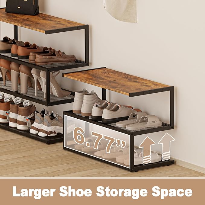 Shoe Rack, Unique 5-Shaped Free Standing Shoe Shelf, 3-Tier Wooden Shoe Organizer with Wooden Top and Steel Frame for Front Door Entrance, Entryway, Hallway, 24.41" D x 11.02" W x 16.14" H