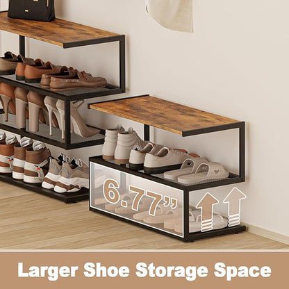 Shoe Rack, Unique 5-Shaped Free Standing Shoe Shelf, 3-Tier Wooden Shoe Organizer with Wooden Top and Steel Frame for Front Door Entrance, Entryway, Hallway, 24.41" D x 11.02" W x 16.14" H