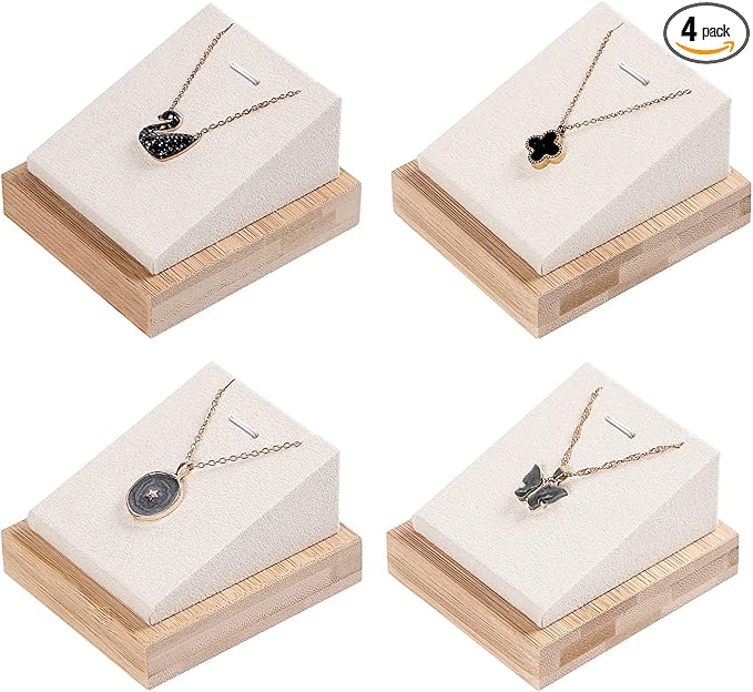 Coward 4Pcs Bamboo Necklace Holder Organizer Pendant Jewelry Dispaly Stand for Selling Pandent Rack for Home Bedroom Drawer (Beige Velvet)