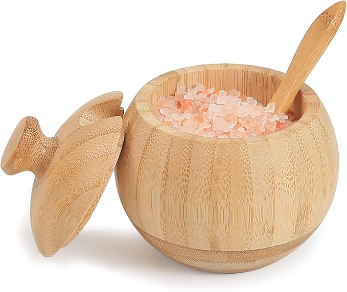 Bamboo Salt Cellar with Lid and Spoon, 1/2 Cup Wooden Spice Box Storage Container for Kitchen and Restaurant Countertop, Organizes Himalayan Pink, Kosher, Sea Salts & Herbs