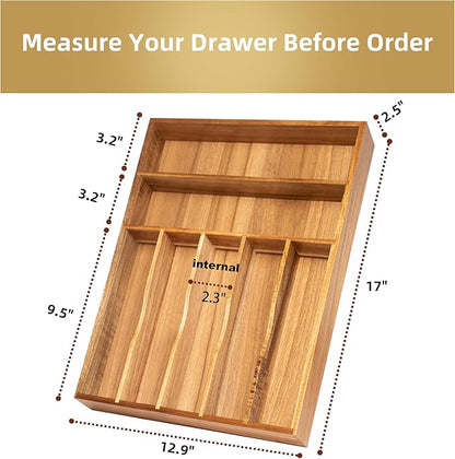 Besilord Silverware Organizer Kitchen Drawer Organizer Utensil Organizer Acacia Silverware Holder Cutlery Organizer in Drawer Flatware Organizer Tray(7 slots, Acacia