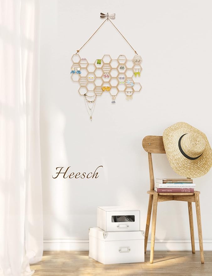 Heesch Hanging Earring Holder Honeycomb Earring Organizer Wall Mount Earring Display Wood Hanging Jewelry Organizer for Stud Earrings, Necklaces (Beech Wood Color)
