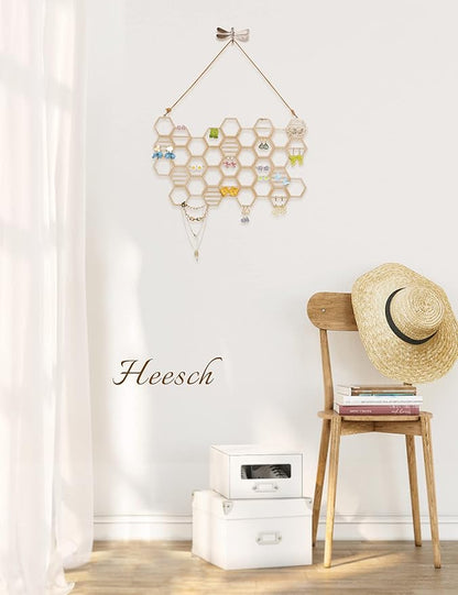 Heesch Hanging Earring Holder Honeycomb Earring Organizer Wall Mount Earring Display Wood Hanging Jewelry Organizer for Stud Earrings, Necklaces (Beech Wood Color)