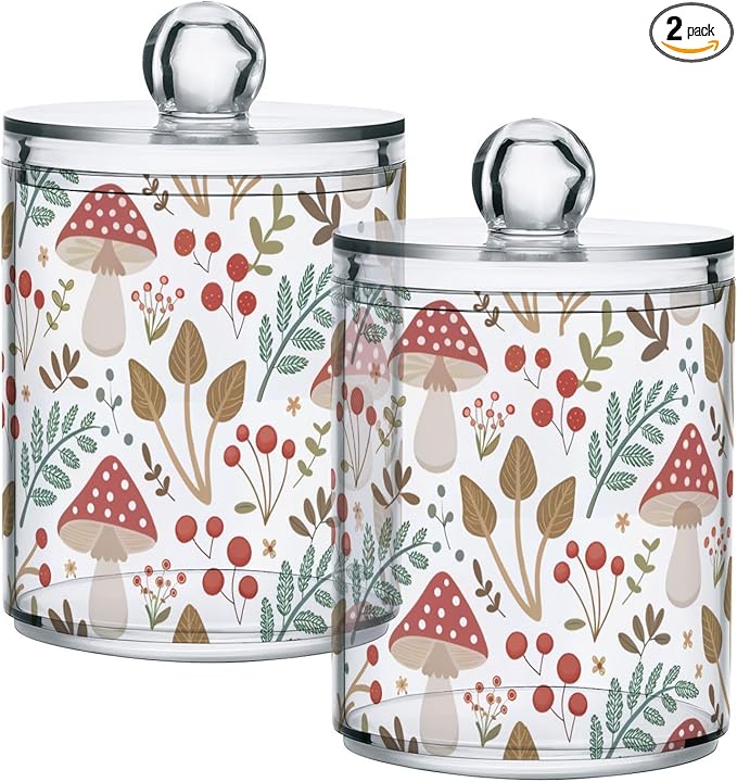 2 Pack Apothecary Jars Bathroom Mushroom Leaves Qtip Holder Dispenser Clear Plastic Storage Canister Jar with Lid for Cotton Ball, Cotton Swab