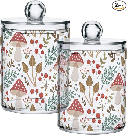 2 Pack Apothecary Jars Bathroom Mushroom Leaves Qtip Holder Dispenser Clear Plastic Storage Canister Jar with Lid for Cotton Ball, Cotton Swab
