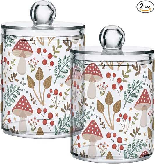 2 Pack Apothecary Jars Bathroom Mushroom Leaves Qtip Holder Dispenser Clear Plastic Storage Canister Jar with Lid for Cotton Ball, Cotton Swab
