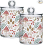 2 Pack Apothecary Jars Bathroom Mushroom Leaves Qtip Holder Dispenser Clear Plastic Storage Canister Jar with Lid for Cotton Ball, Cotton Swab