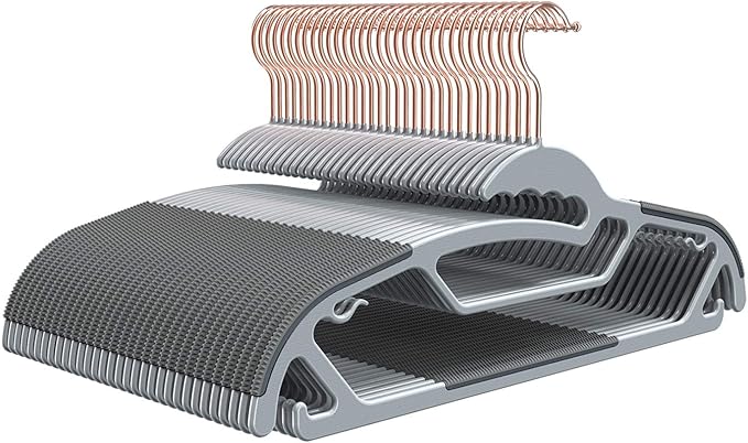 50-Pack Slim S-Shaped Plastic Hangers with Non-Slip Grips – Space-Saving Gray Hangers for Delicate Necklines, Fits Shirts, Dresses & Coats in Closet/Dorm Organizers