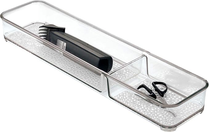iDesign 48850 Rain Divided Tray for Vanity, Bathroom, Countertop, Drawer, Cosmetics, Makeup, Toiletries, Craft and Office Supplies, BPA-Free, 4" x 16" x 2", 2 Compartments