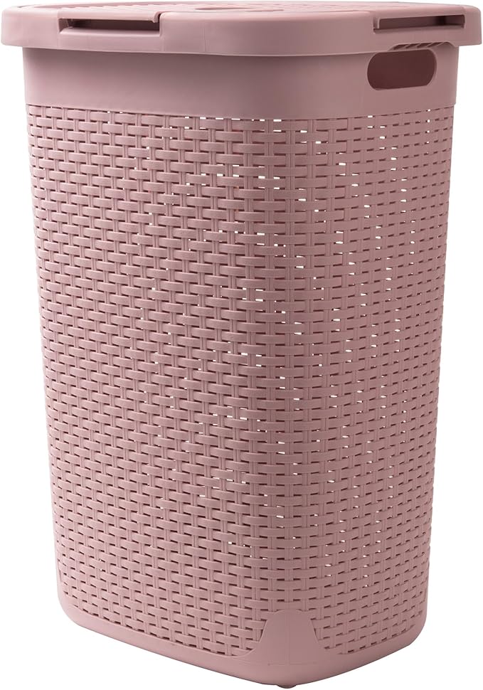 Mind Reader Slim Laundry Hamper with Lid, 60L Tall Clothes Basket, Narrow Tapered Design for Bathrooms, Closets and Laundry Rooms, Plastic, Pink