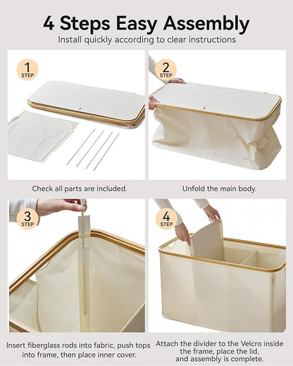 Storage Basket with Lid and Handles, 135L Fabric Bin with Divider for Shelf, Closet, Toy Organization, Collapsible Storage Organizer for Home, White