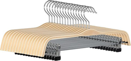 JS HANGER Natural Wooden Pants Hangers with Clips, 16 Pack Wood Skirt Hangers Trouser Hanger for Jeans, Slacks, Shorts with 2-Adjustable Clips